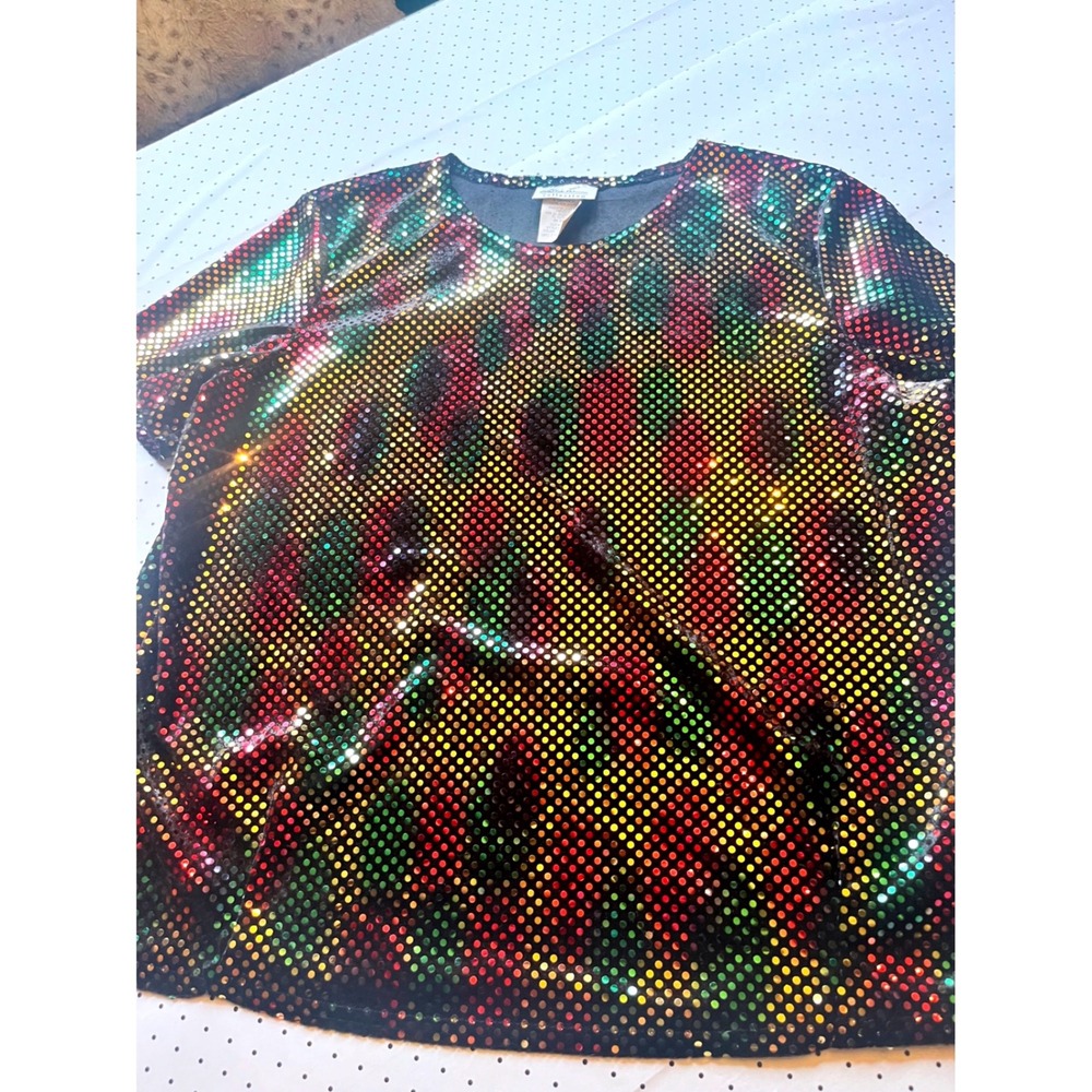 Kathie Lee Collection Vintage Y2K Metallic Disco Top Multicolor Foil Dot Blouse - Picture 3 of 8